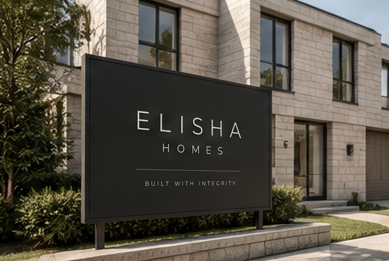 Elisha Homes site hoarding — Built With Integrity — outside a contemporary stone-clad home