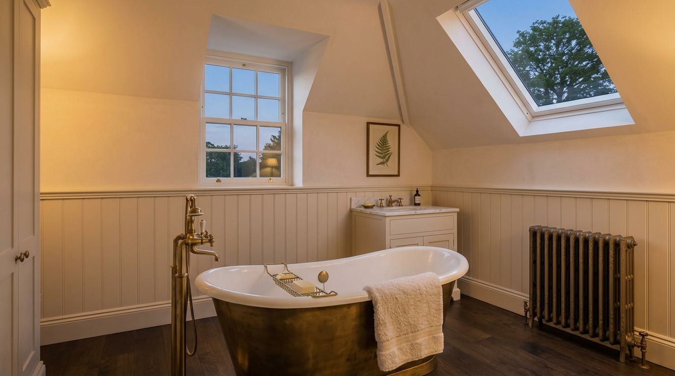 Shared guest bathroom with roll-top cast-iron bath, brass telephone taps and dormer sash