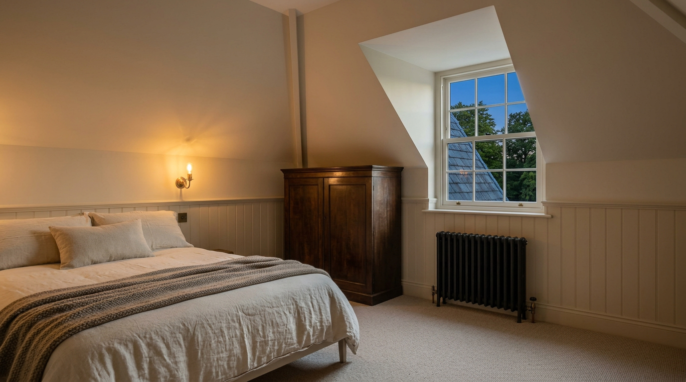 Guest bedroom under the mansard with painted panelling, dormer sash and antique wardrobe