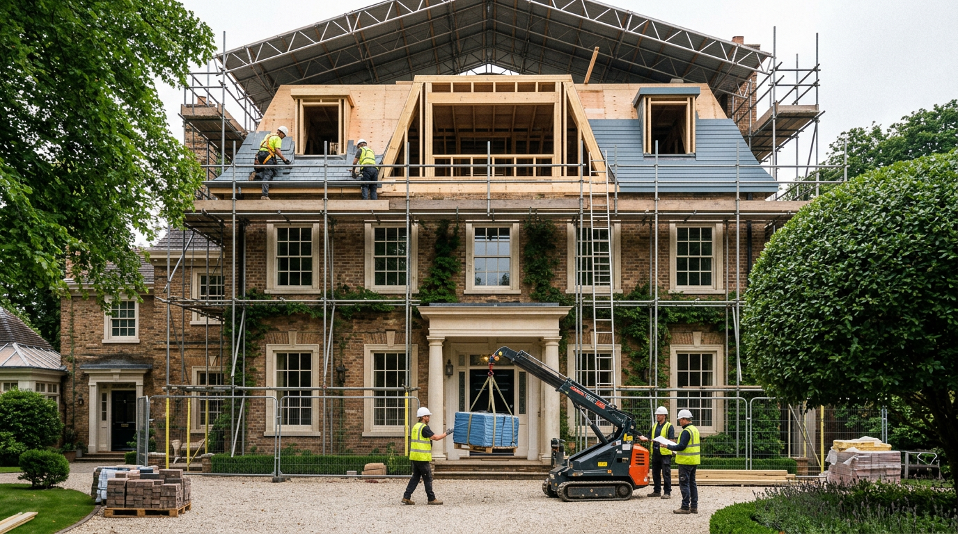 Construction stage showing the new mansard timber frame being clad in slate and painted timber