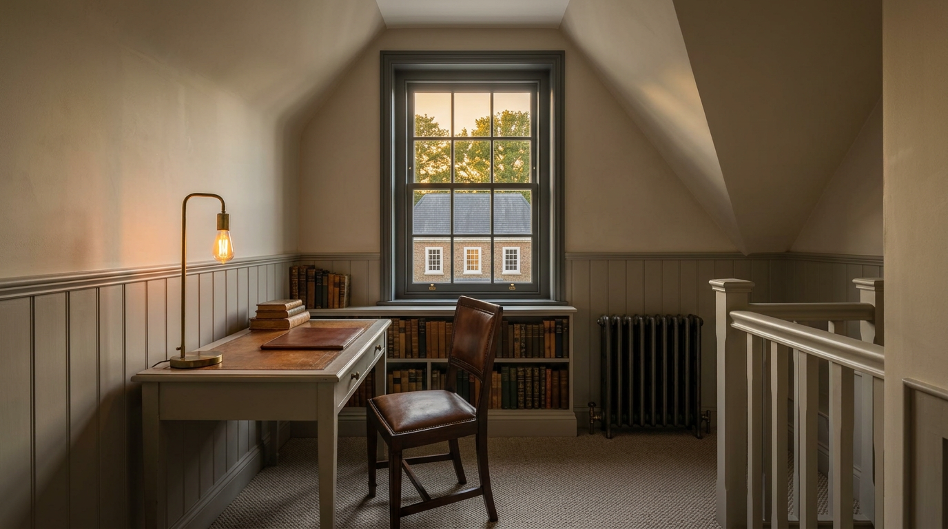 Compact study at the top of the stairs with a single dormer window framing the beech tops