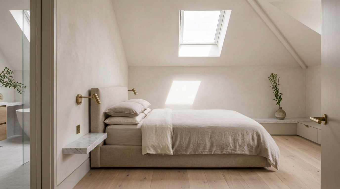 Principal bedroom with oatmeal linen bed beneath a pitched ceiling and skylight