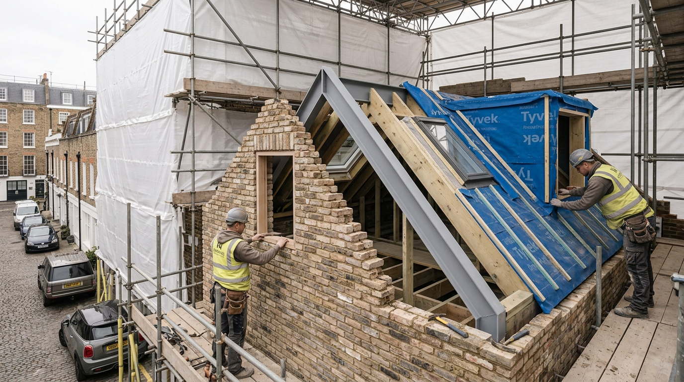Chelsea townhouse loft under construction with rebuilt brick gable and new dormer frame