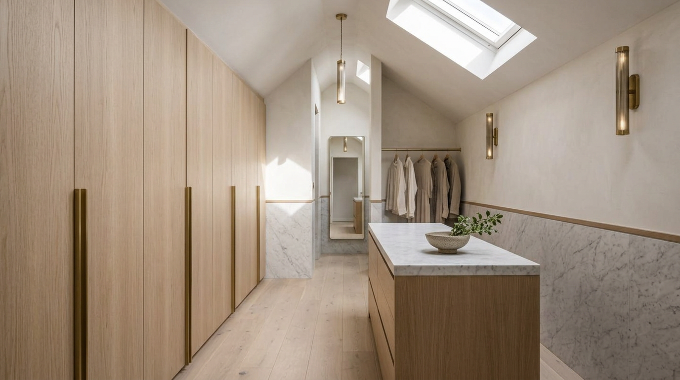 Walk-through dressing room with bespoke pale oak wardrobes and marble-topped island