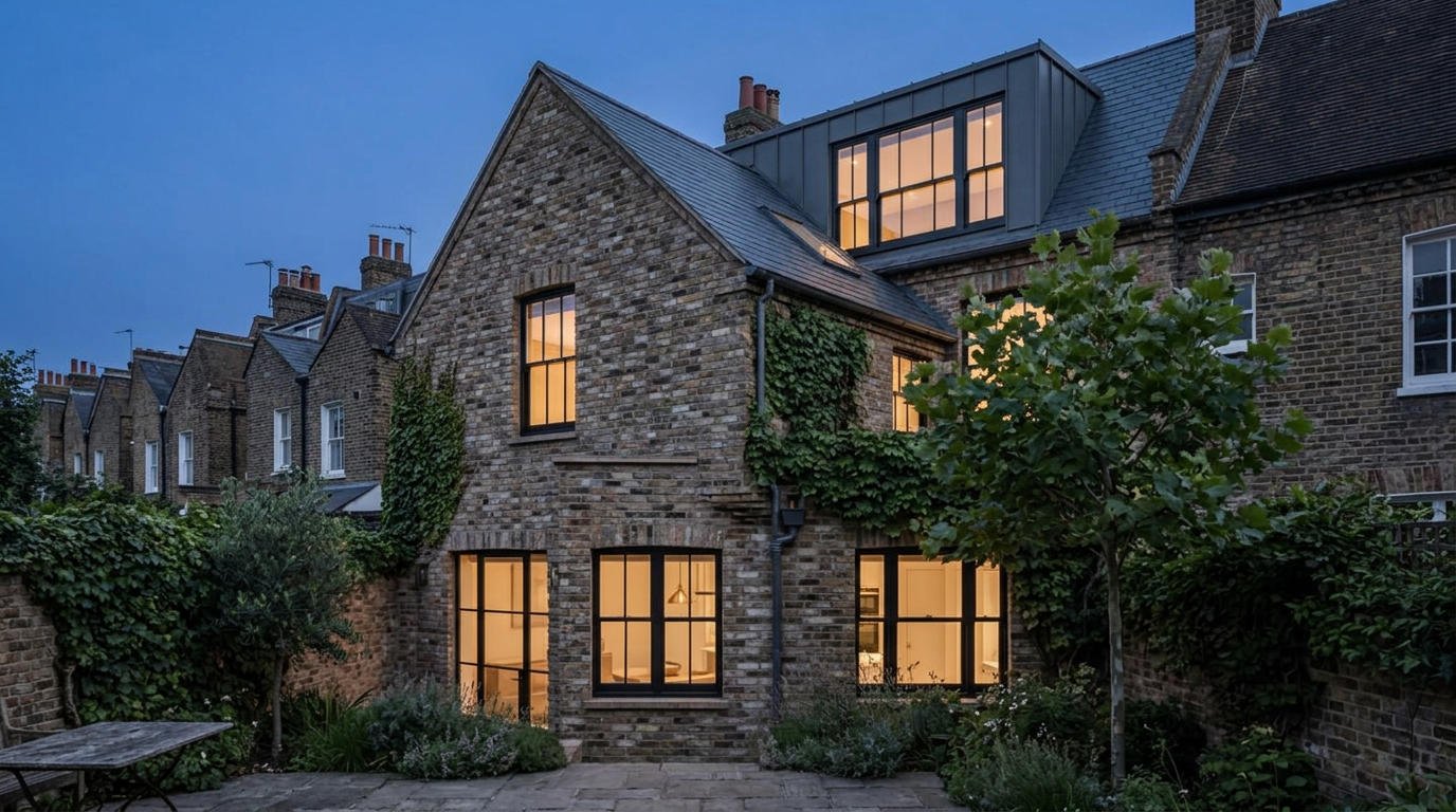 Rear elevation of Chelsea townhouse with rebuilt brick gable and zinc dormer at dusk