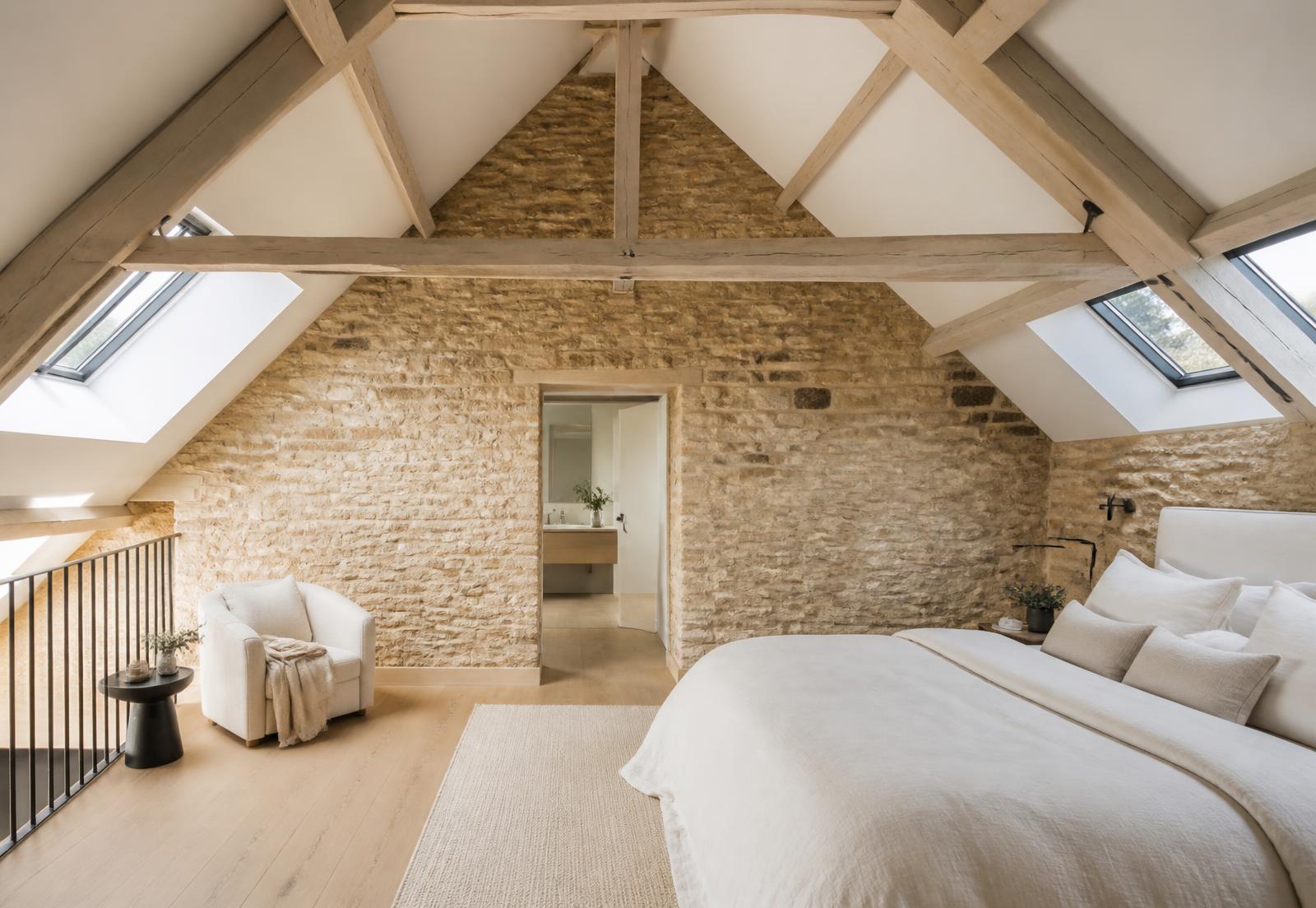 Loft bedroom in a Cotswold stone house with exposed stone gable, whitewashed beams and conservation rooflights