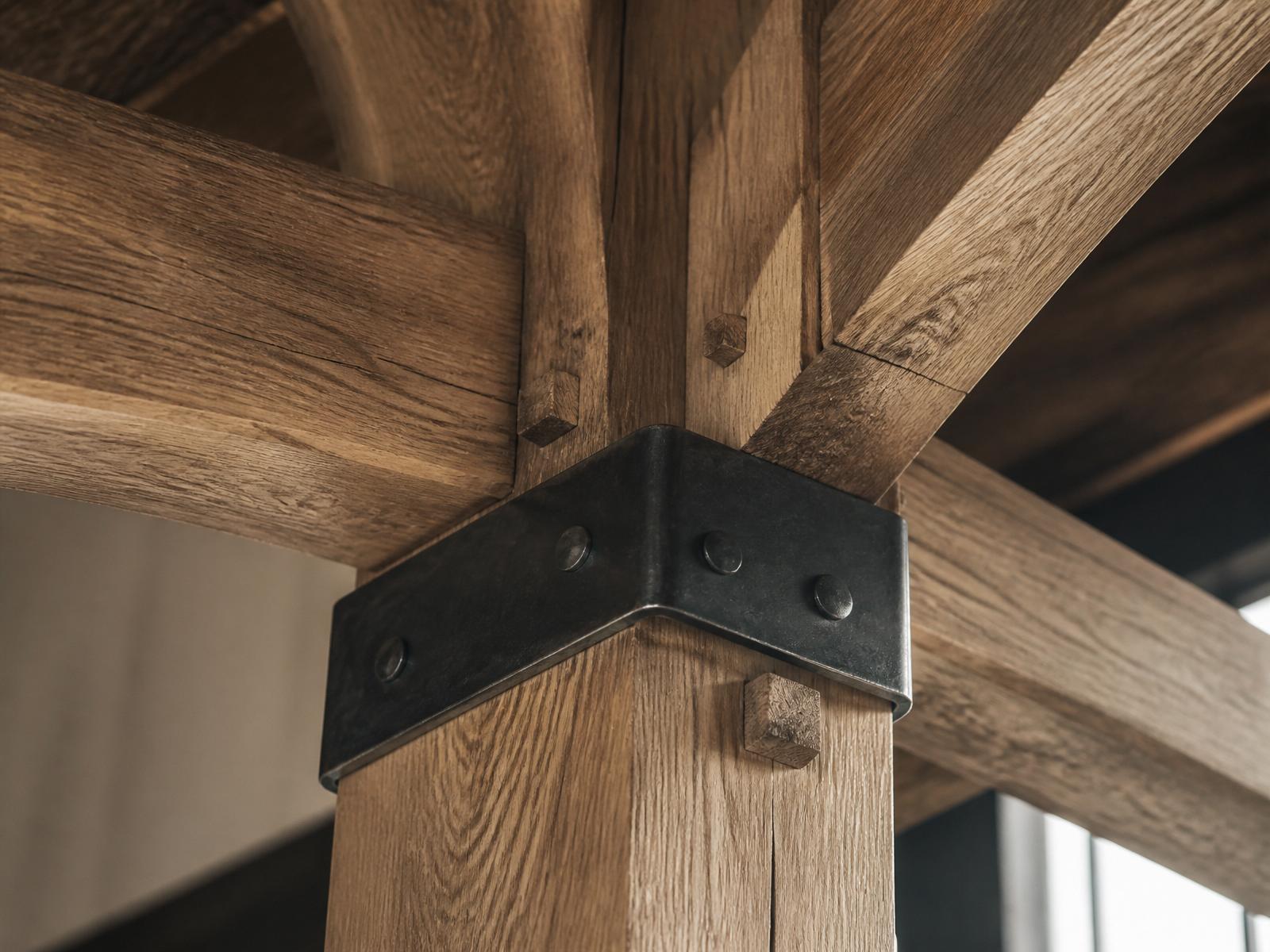 Detail of hand-crafted oak joinery meeting blackened steel