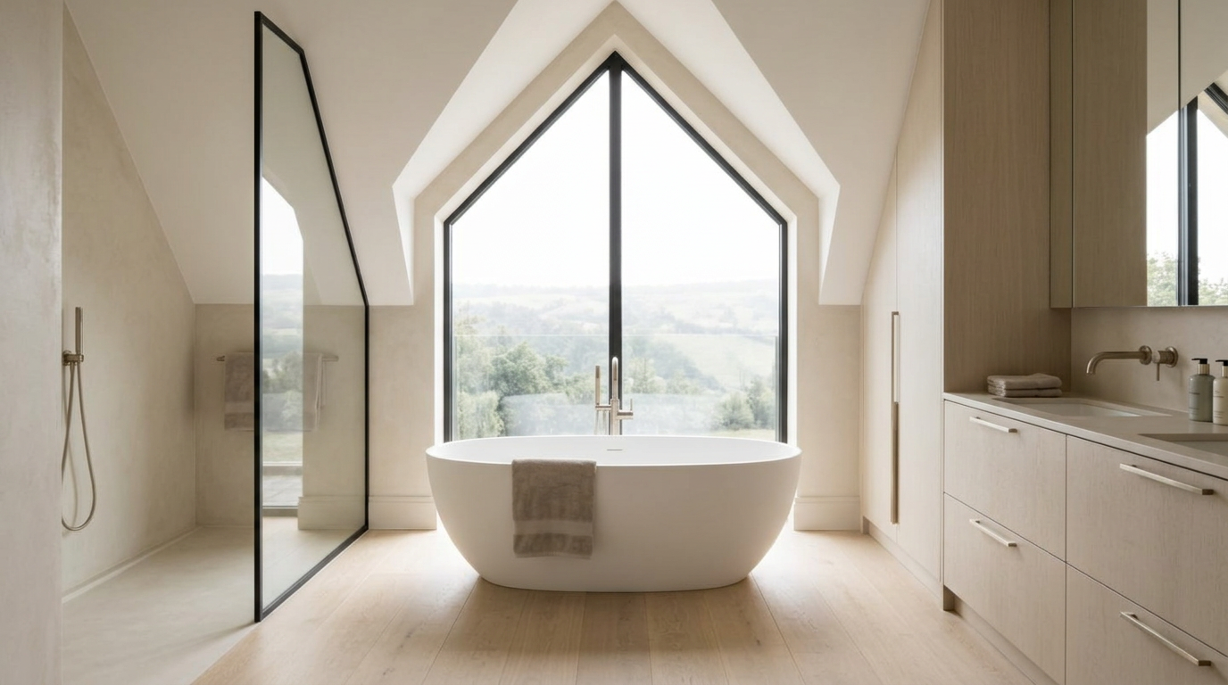 Guest ensuite with freestanding oval bath beneath a black-framed apex window