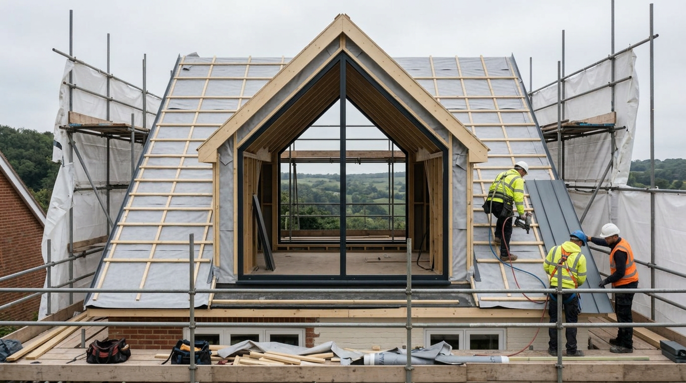 Zinc dormer under construction with framed apex opening and scaffolding
