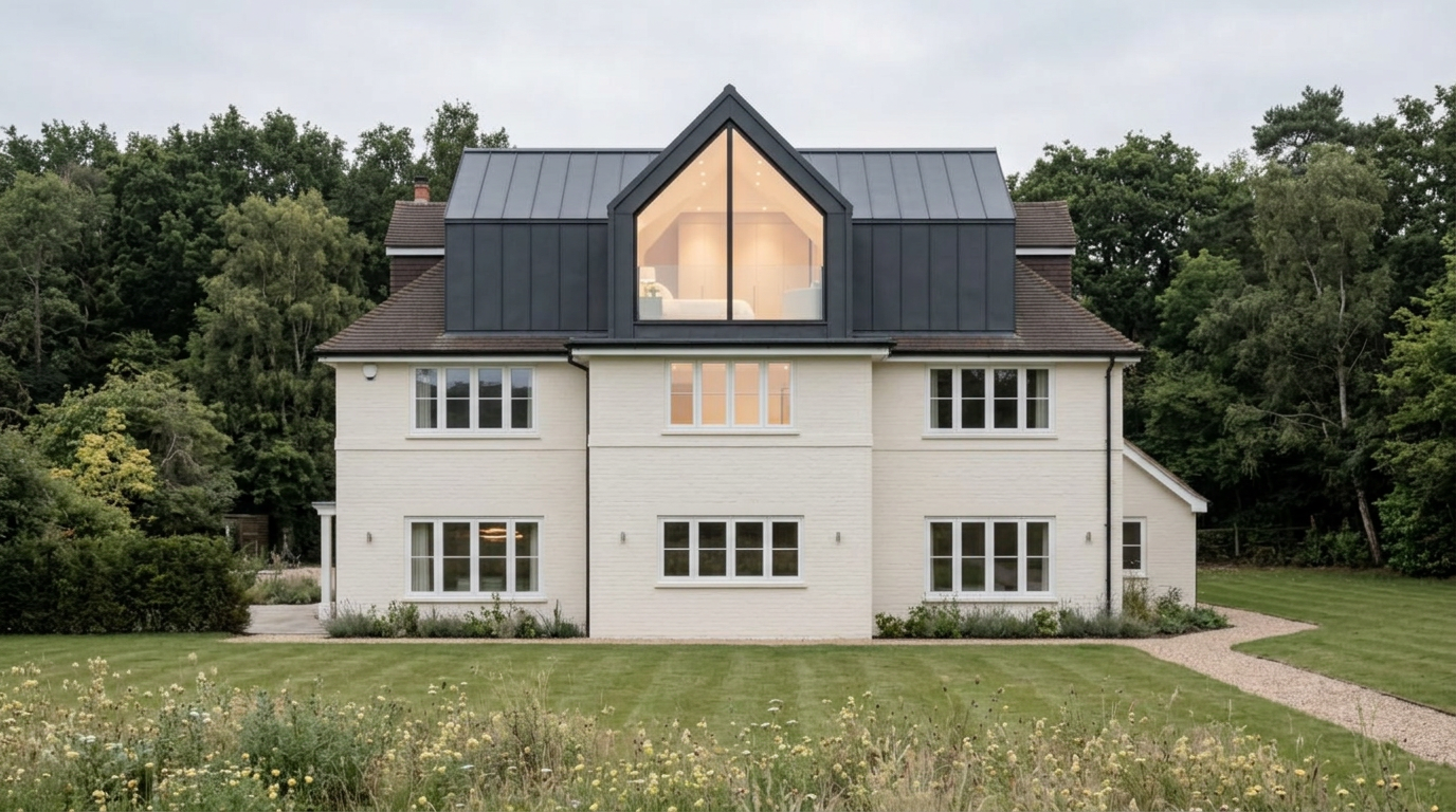 Rear elevation showing standing-seam zinc dormer with apex glazing above painted brick