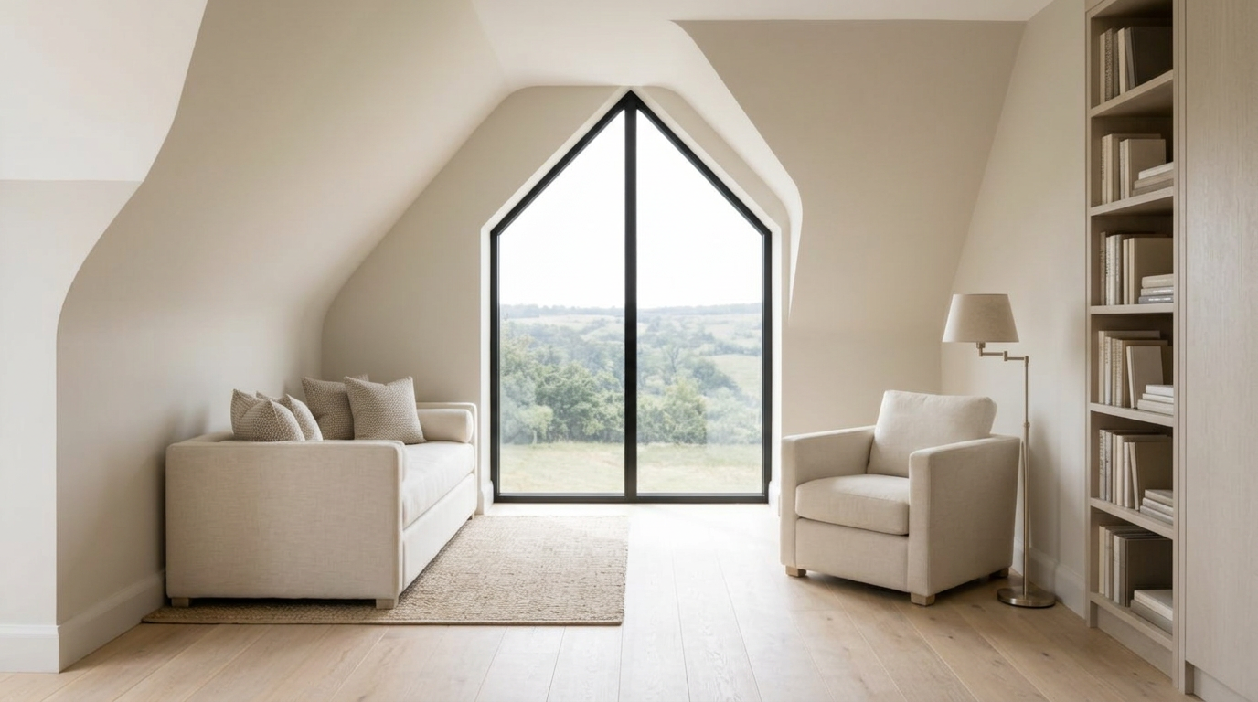 Second guest room reading snug with cream daybed and gable window