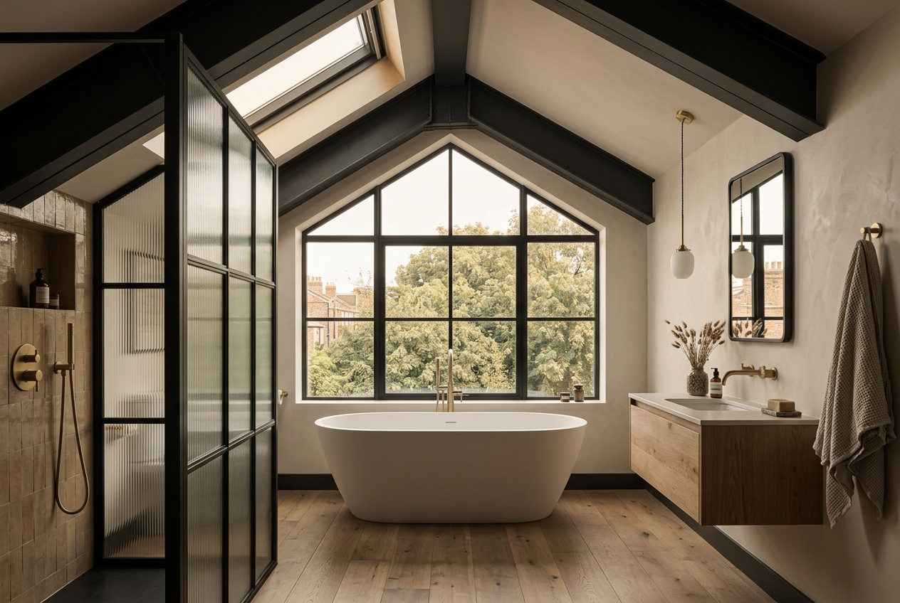 Ensuite bathroom with freestanding stone bath beneath a gable window