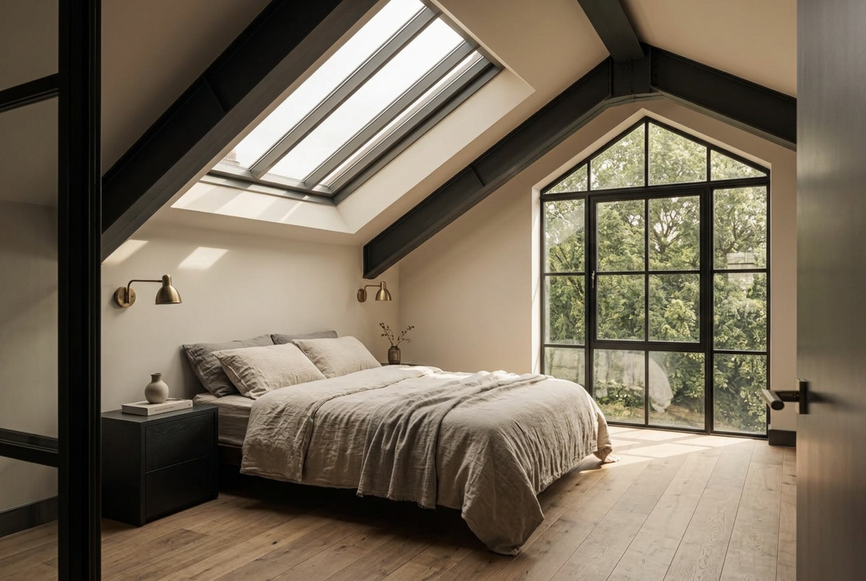Principal bedroom under vaulted mansard ceiling with oak flooring and brass sconces