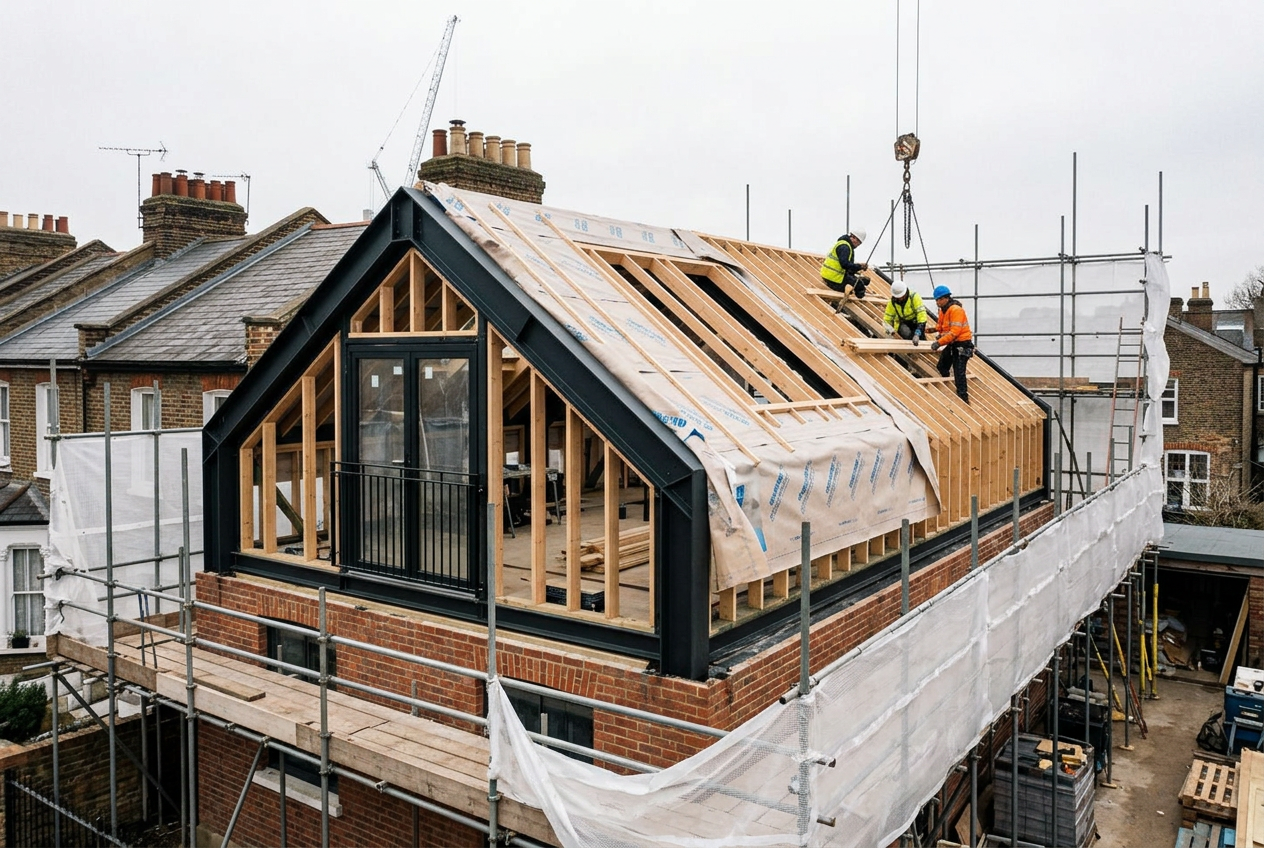 Mansard under construction with red-oxide steel frame and scaffolding wrapped in white sheeting