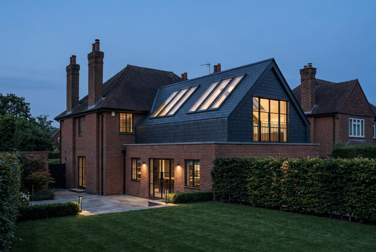 Rear elevation at dusk showing new set-back mansard in natural slate