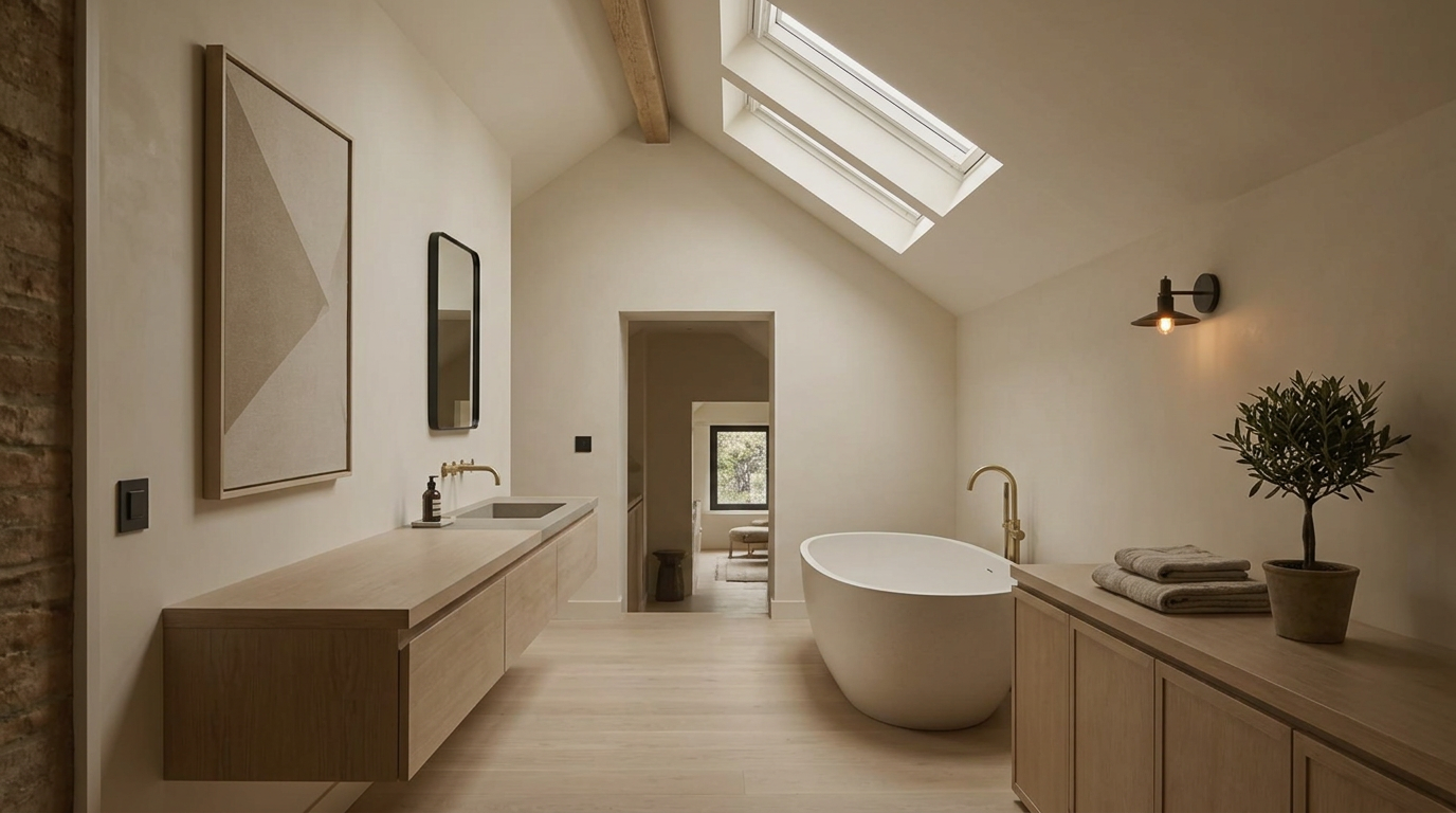 Family bathroom with freestanding stone bath, limed oak vanity and skylight in the vaulted ceiling