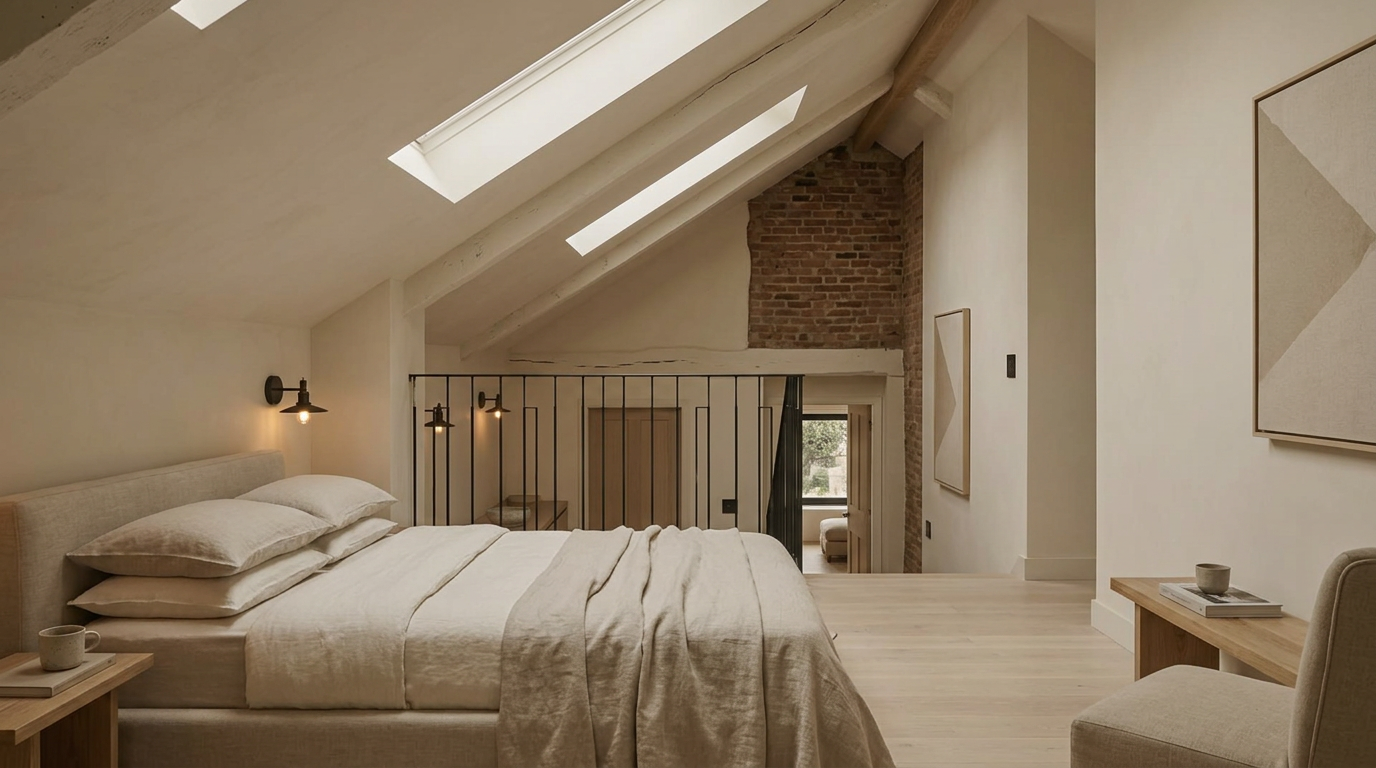 Principal bedroom under a vaulted plaster ceiling with skylights and exposed brick chimney breast