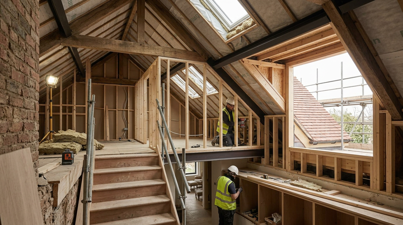 Loft construction stage with retained oak trusses, new bronze-black steelwork and framed dormer opening