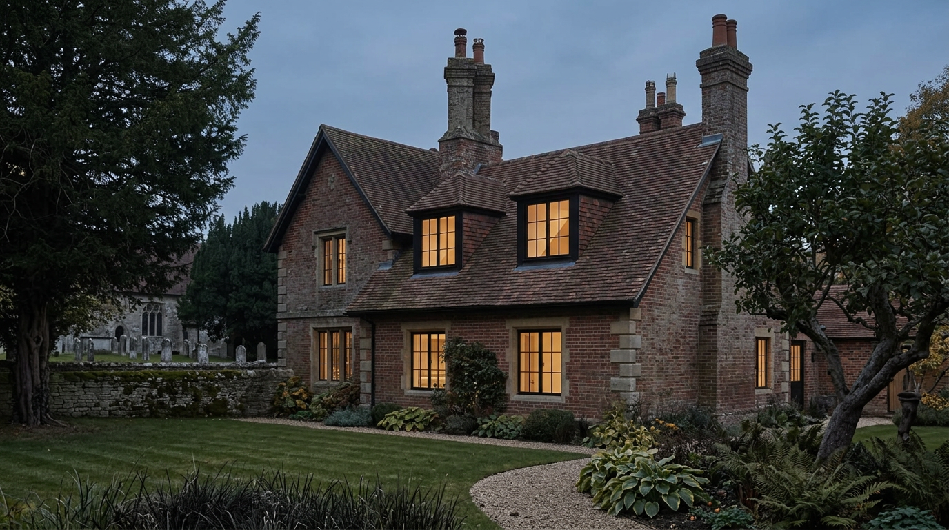 Rear elevation of the Victorian rectory at dusk with new clay-tiled dormers matching the original roof